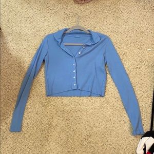 Blue long sleeve button down crop top